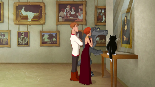 Обои картинки фото мультфильмы, иван царевич и серый волк 3, девушка, кот, музей, картина, волк, парень