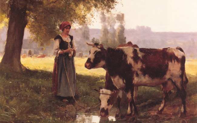 Обои картинки фото dupre la vachere, рисованное, живопись, крестьянка, коровы, julien, dupre