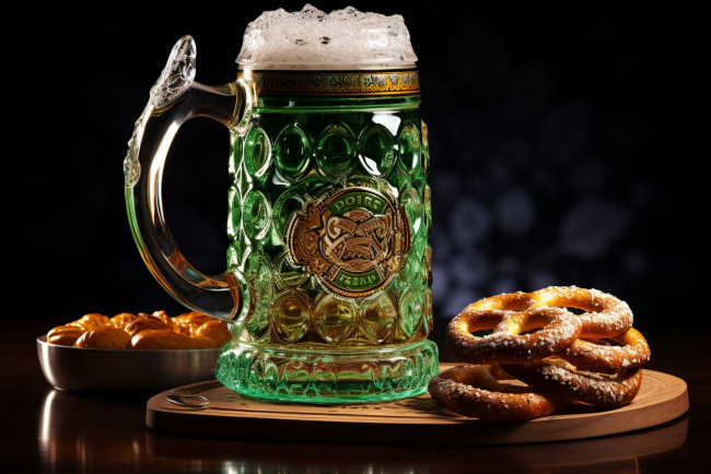 Обои картинки фото еда, напитки,  пиво, зеленое, пиво, брецели