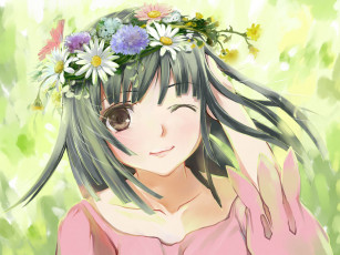Картинка аниме bakemonogatari sengoku+nadeko девушка венок цветы платье
