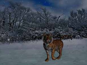 Картинка 3д графика animals животные снег кусты тигр