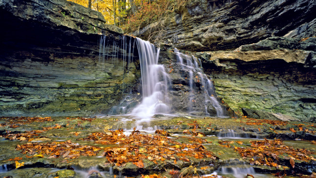 Обои картинки фото природа, водопады, камни, листья, река