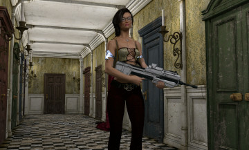 Картинка 3д+графика фантазия+ fantasy коридор оружие взгляд девушка