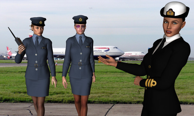 Обои картинки фото stewardesses, 3д графика, фантазия , fantasy, взгляд, самолеты, стюардессы, девушки