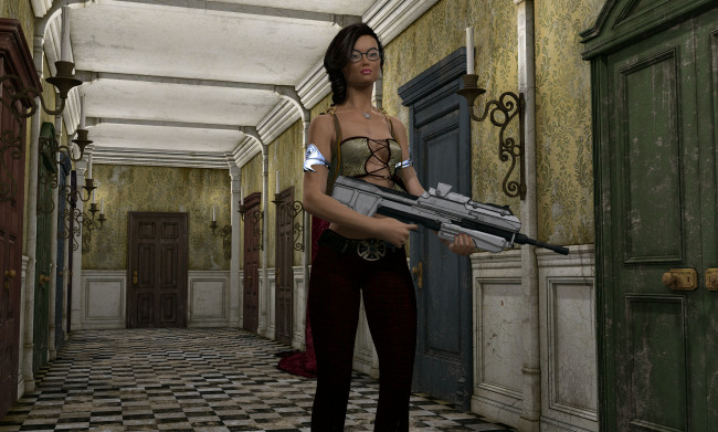 Обои картинки фото 3д графика, фантазия , fantasy, коридор, оружие, взгляд, девушка
