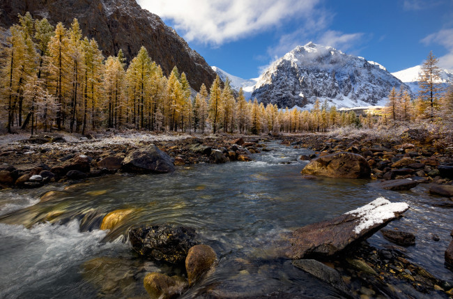 Обои картинки фото природа, реки, озера, горы, снег, деревья, река, камни