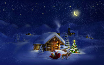 обоя праздничные, рисованные, новый, год, праздники, дом, зима, дед, мороз, ночь, елка, луна, снег, олени, рождество, фото, природа