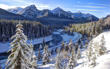 Картинка природа зима железная дорога деревья горы река