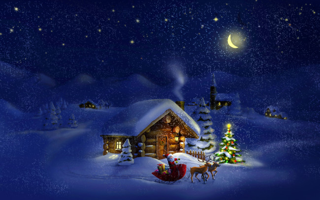 Обои картинки фото праздничные, рисованные, новый, год, праздники, дом, зима, дед, мороз, ночь, елка, луна, снег, олени, рождество, фото, природа