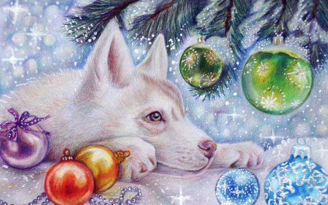 Обои картинки фото праздничные, рисованные, снег, новый, год, праздник, игрушки, елка, зима, волк, волчонок