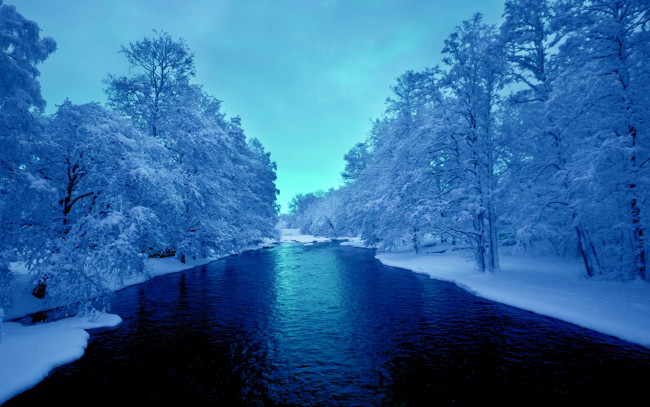 Обои картинки фото природа, зима, небо, снег, река, деревья