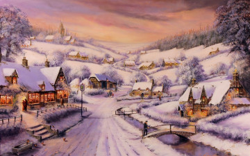 Картинка рисованное праздники фонари речка мост зима люди дома улица поселок снег деревья
