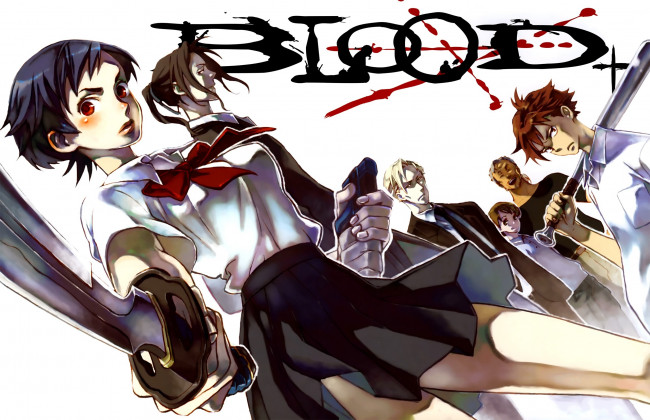 Обои картинки фото аниме, blood , катана, кровь, george, miyagusuku, riku, kai, saya, otonashi, hagi, взгляд, бита, крутые, парни