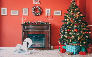 обоя праздничные, новогодний очаг, подарки, новый, год, christmas, decoration, камин, home, holiday, celebration, украшения, interior, merry, design, игрушки, gifts, елка, tree, рождество