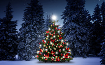Картинка праздничные Ёлки снег елки украшения happy christmas night новый год snow зима decoration merry новогодняя елка снежинки tree шары winter рождество