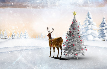 Картинка праздничные 3д+графика+ новый+год олень ёлки снег