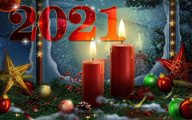 Обои картинки фото праздничные, - разное , новый год, свечи, окно, год, игрушки, ель