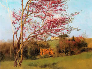 Картинка godward-landscape+blossoming+red+almond+ study рисованное john+william+godward деревья цветение домик