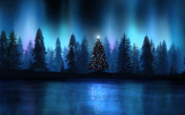 Картинка праздничные 3д+графика+ новый+год лес ёлка огни озеро