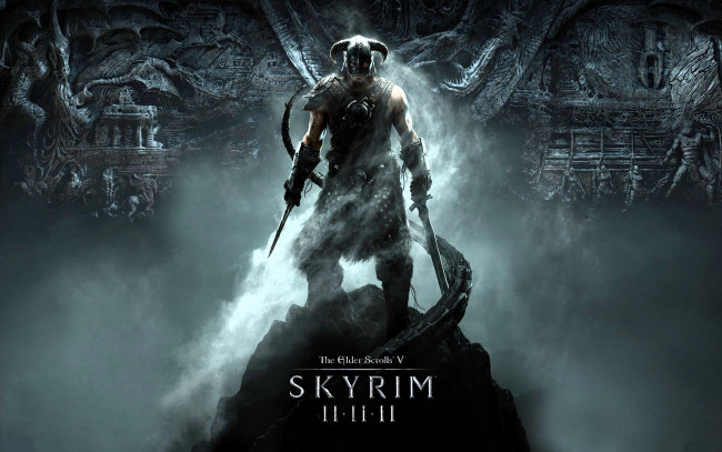 Обои картинки фото видео игры, the elder scrolls v,  skyrim, воин, вершина, оружие, рога