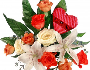 Картинка цветы букеты композиции сердечко лилии розы