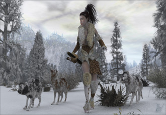 Картинка 3д графика fantasy фантазия собаки лес девушка снег
