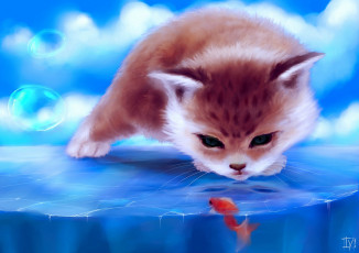 Картинка рисованные животные коты кошка рыбка пузыри лед