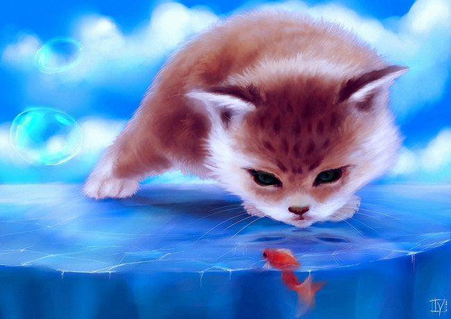 Обои картинки фото рисованные, животные, коты, кошка, рыбка, пузыри, лед