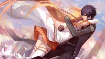 Картинка аниме sword+art+online юбка обнимаются волосы парень девушка
