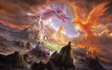 Картинка фэнтези существа битва феникс змей арт город змея дракон