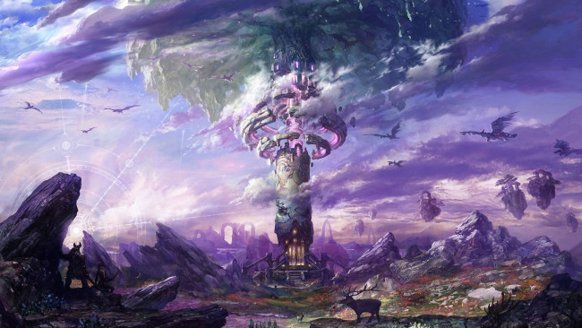 Обои картинки фото  the exiled realm of arborea, видео игры, tera, воин, скалы, город, драконы, online, камни, лучница, облака, пейзаж, олень