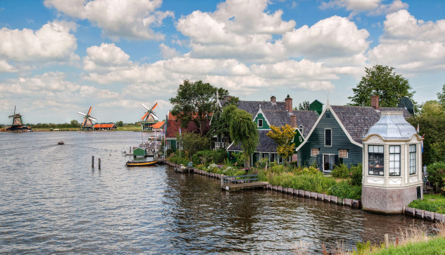 Обои картинки фото города, - пейзажи, деревья, причалы, дома, река, нидерланды, ветряк, набережная