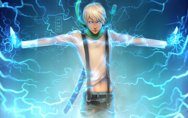 Обои картинки фото аниме, -weapon,  blood & technology, руки, голубой, фон, молнии, парень