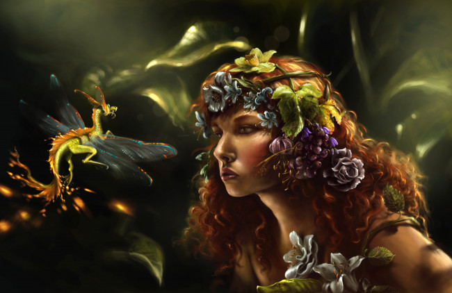 Обои картинки фото gianna ragagnin, фэнтези, красавицы и чудовища, дракончик, флора, девушка, цветы