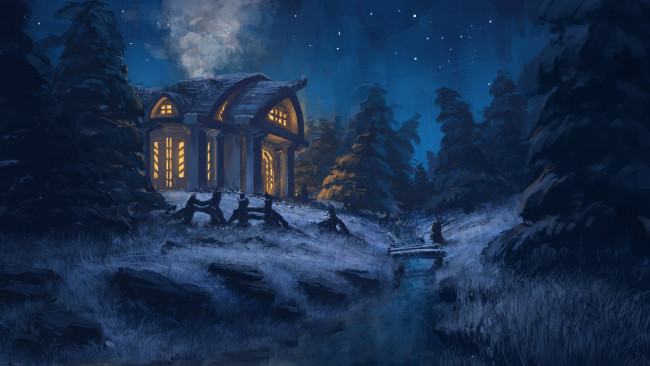 Обои картинки фото рисованное, живопись, деревья, лес, зима, свет, дом, ели, снег, ночь