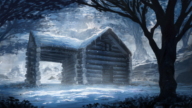 Обои картинки фото рисованное, живопись, снег, бревенчатый, дом, ночь, зима