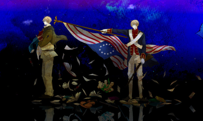 Обои картинки фото аниме, hetalia,  axis powers, флаг, арт, парни, россия, сша