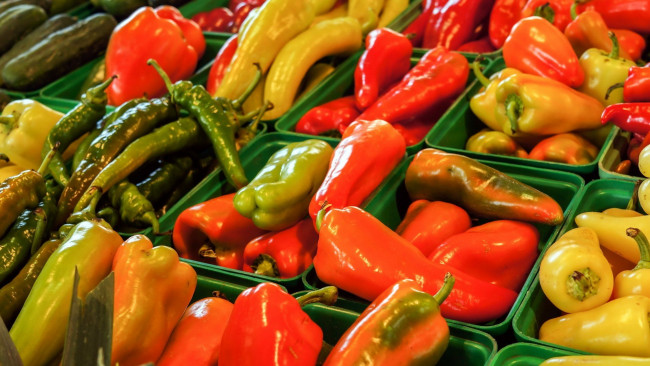 Обои картинки фото еда, перец, болгарский, острый, зеленый, желтый, красный