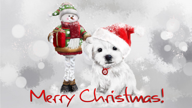 Обои картинки фото праздничные, векторная графика , новый год, снег, снеговик, щенок