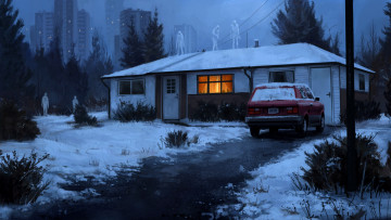 Картинка фэнтези существа машина деревья город дом снег