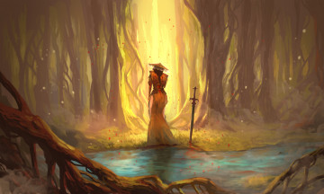 Картинка фэнтези девушки шляпа меч девушка лес фон