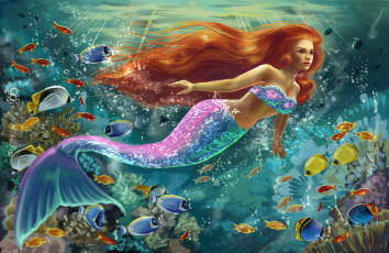 Картинка фэнтези русалки девушка фон хвост рыба
