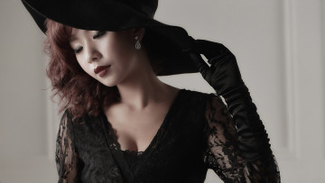 Картинка девушки -+азиатки кружева перчатки шляпа азиатка черный