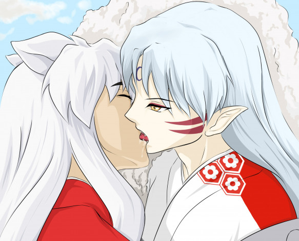 Обои картинки фото аниме, inuyasha, инуяша, сешоумару, поцелуй, братья