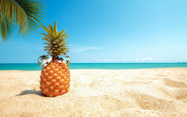 Обои картинки фото еда, ананас, пальма, пляж, песок, очки, отражение