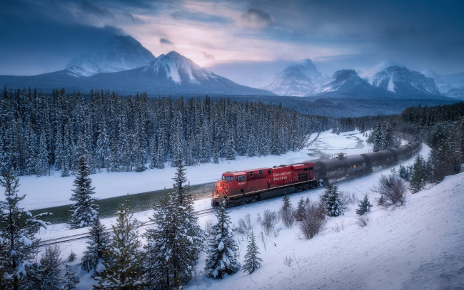 Обои картинки фото техника, поезда, канадские, скалистые, горы, зима, боу-ривер, вечер, боу-вэлли, закат, снег, лес, альберта, канада, национальный, парк, банф