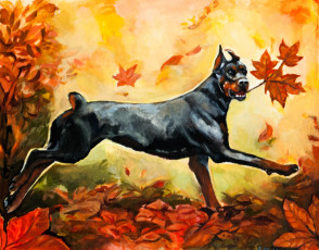 обоя рисованное, животные,  собаки, собака, доберман, осень, листья