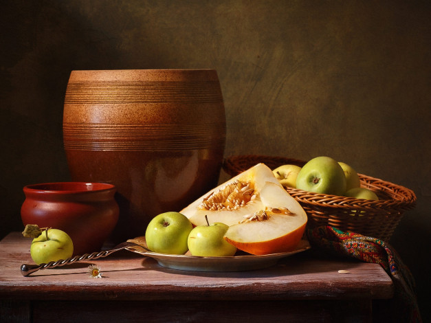 Обои картинки фото еда, фрукты,  ягоды, корзинка, дыня, яблоки