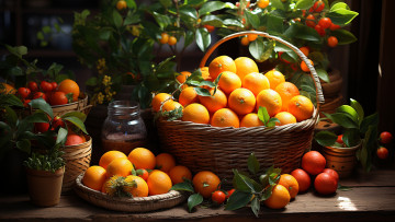 Картинка 3д+графика еда- food зелень листья ветки стол доски растение апельсины урожай