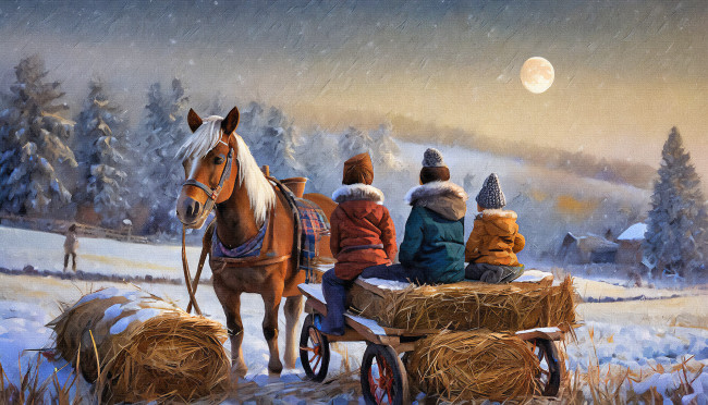 Обои картинки фото рисованное, животные, зима, снег, дети, лошадь